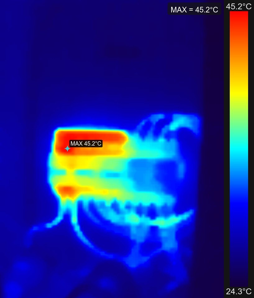 Termografia de quadro elétrico de feira pública com ponto quente de 45.2°C nos disjuntores principais